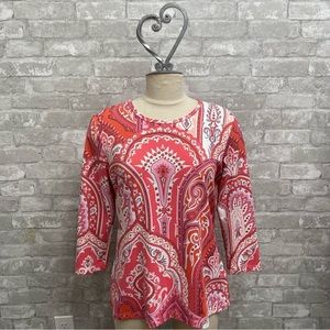 J. McLaughlin Coral and White Geometric Printed Top